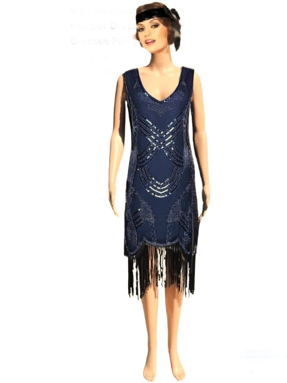 Art Deco 1920s Style Navy Blue Beaded Sequin Fringe Flapper Party Dress Sz S - Picture 2 of 5